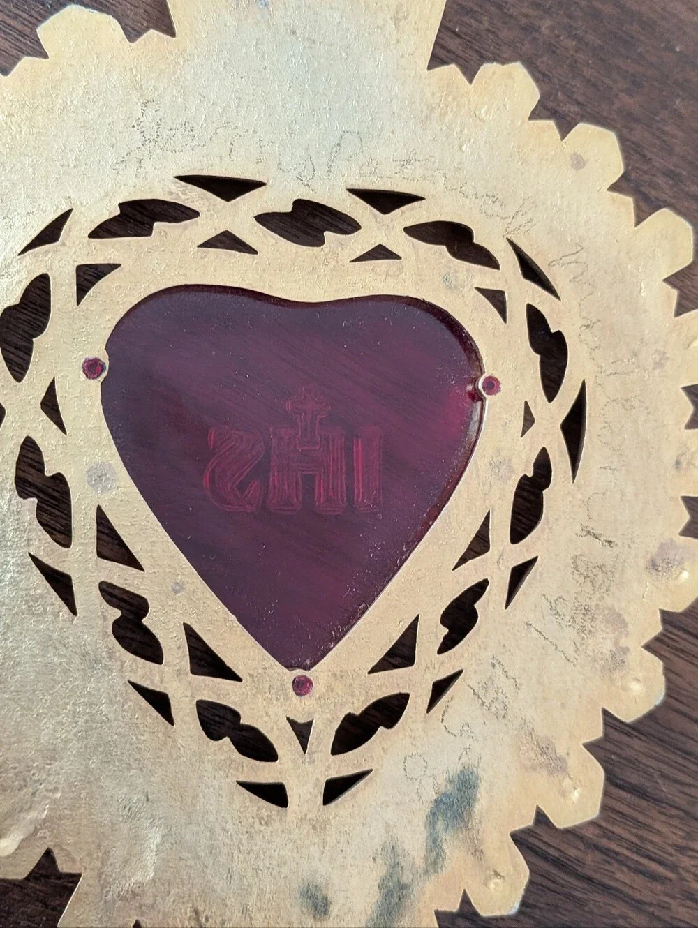 Vintage 1950's Brass Ex Voto My Jesus IHS Mercy Plaque Red Heart Wall Hanging